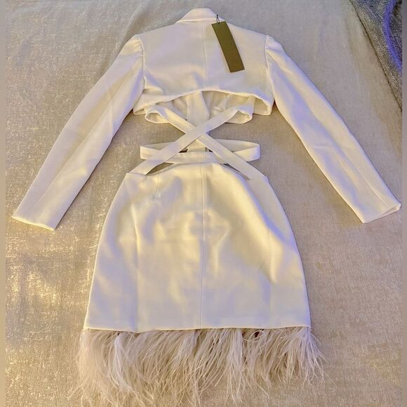 PATBO Feather Trim Cut-Out Mini Dress. White. Brand New! Sold Out Everywhere. - Picture 9 of 10